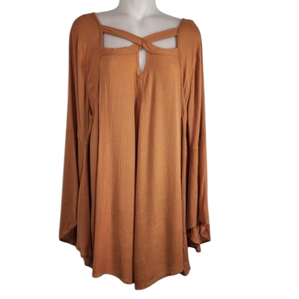 Umgee Womens Tunic Top Gauze Long Bell Sleeve Criss Cross Keyhole Cutout Neck L